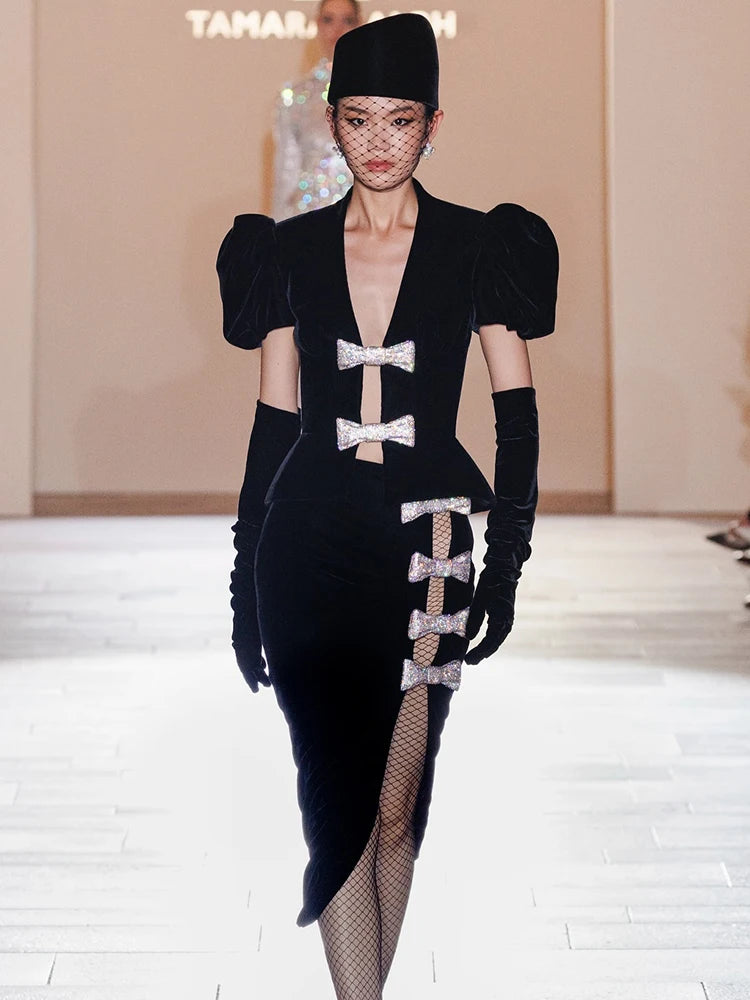 FancyENF Bowing Out Sophisticated Deep V Neck Velvet Dress with Puffy Sleeve and Matching Gloves