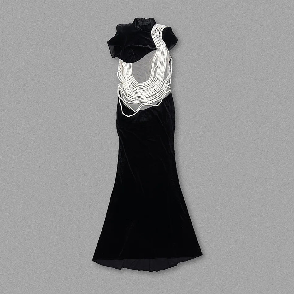 FancyENF Classy Seduction Black Maxi Dress with Pearl detail