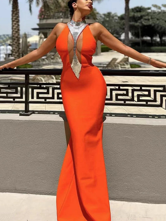 FancyENF Pumpkin Spice Sexy Orange Bodycon Evening Dress