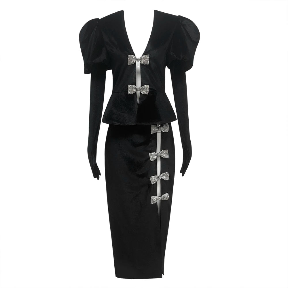 FancyENF Bowing Out Sophisticated Deep V Neck Velvet Dress with Puffy Sleeve and Matching Gloves