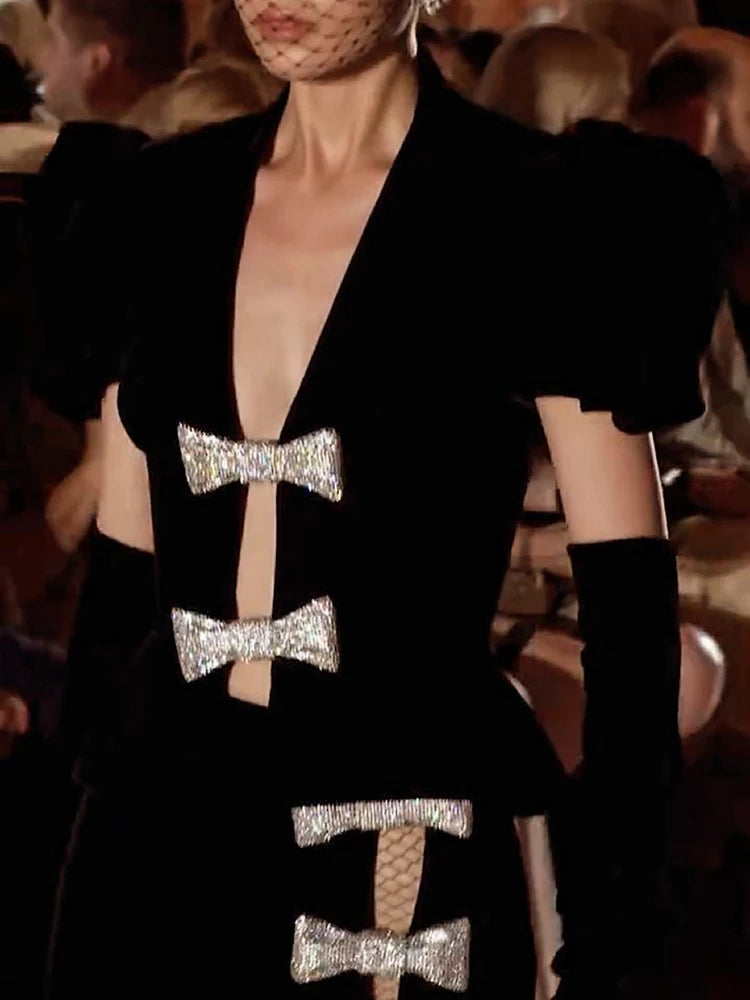 FancyENF Bowing Out Sophisticated Deep V Neck Velvet Dress with Puffy Sleeve and Matching Gloves