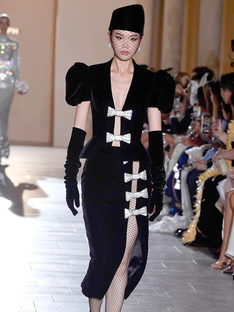 FancyENF Bowing Out Sophisticated Deep V Neck Velvet Dress with Puffy Sleeve and Matching Gloves