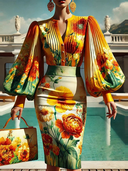 FancyENF Up and Coming Sexy Floral Print Two Piece Set with Lantern Sleeve