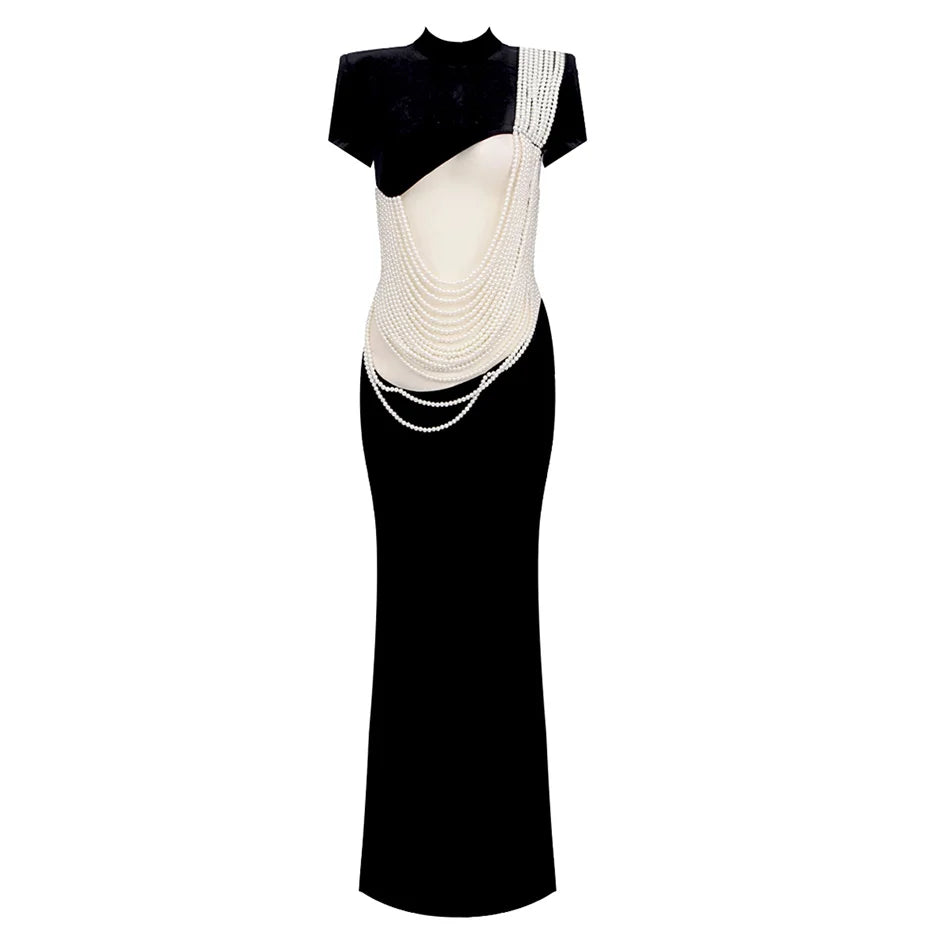 FancyENF Classy Seduction Black Maxi Dress with Pearl detail