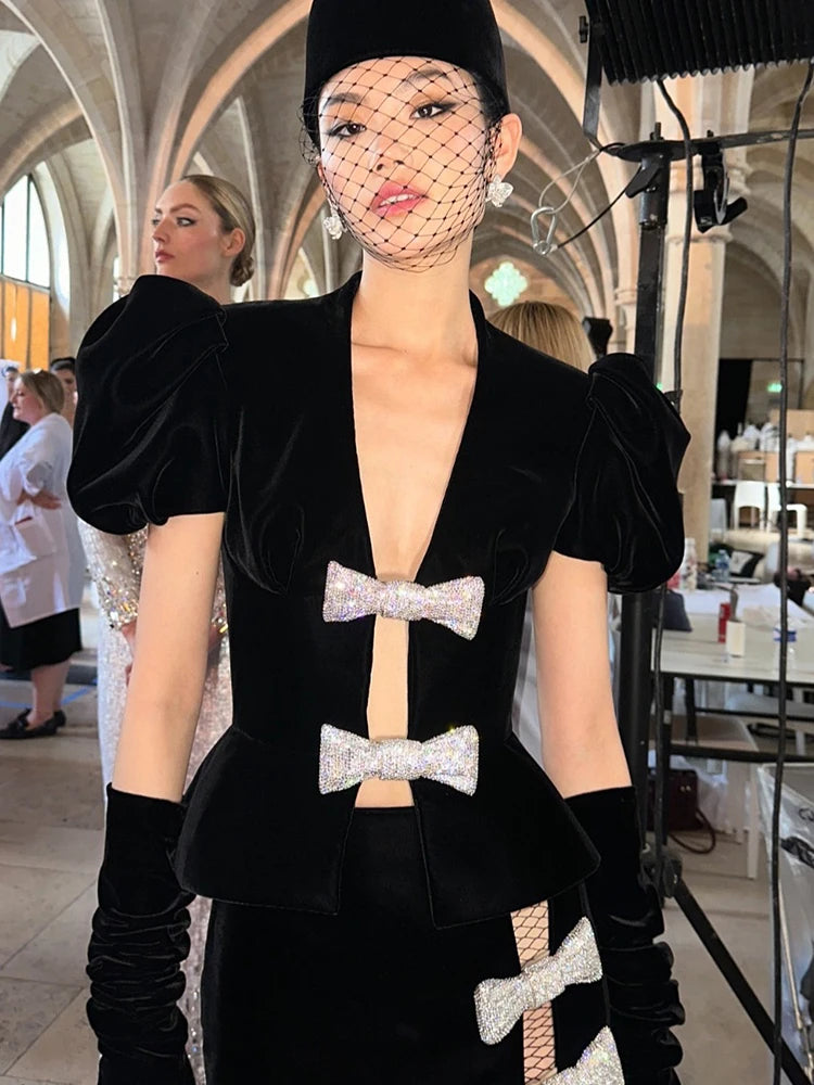 FancyENF Bowing Out Sophisticated Deep V Neck Velvet Dress with Puffy Sleeve and Matching Gloves