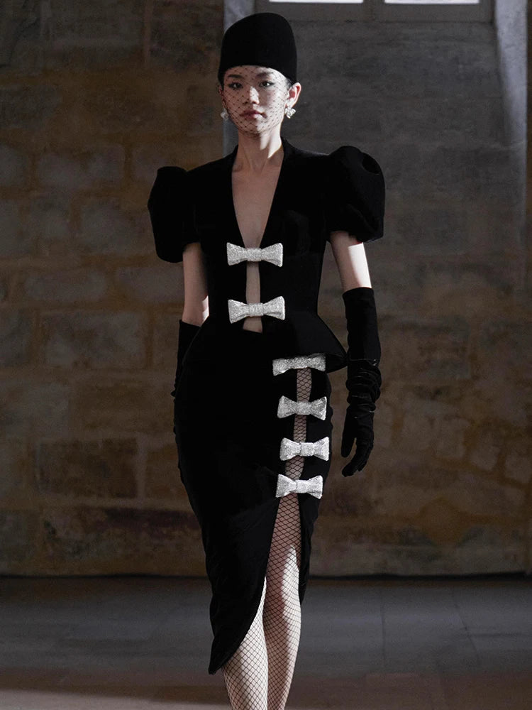 FancyENF Bowing Out Sophisticated Deep V Neck Velvet Dress with Puffy Sleeve and Matching Gloves