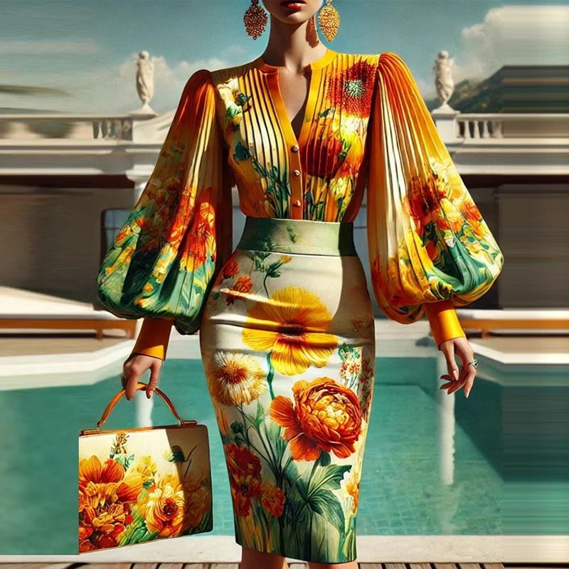 FancyENF Up and Coming Sexy Floral Print Two Piece Set with Lantern Sleeve