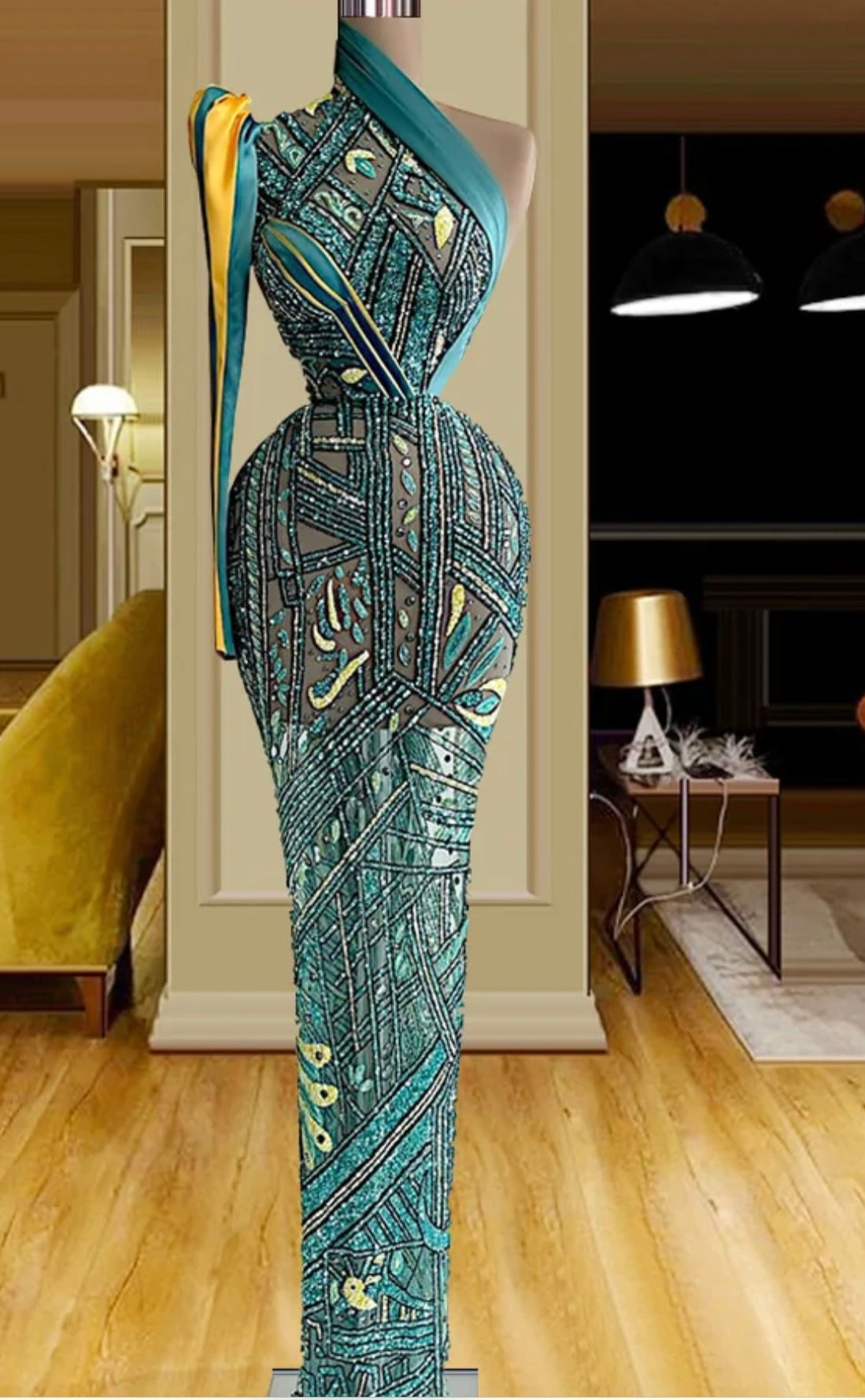 FancyENF Configuration Vintage Beaded Illusion Evening Dress