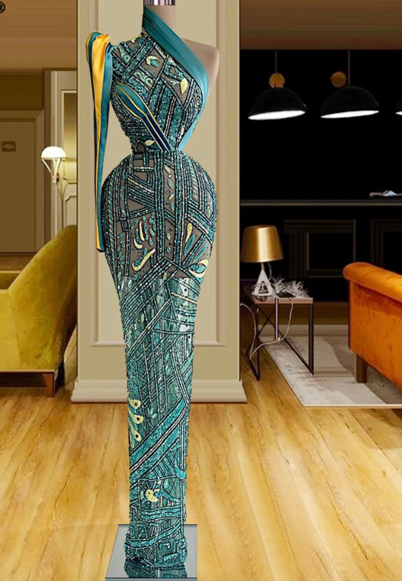 FancyENF Configuration Vintage Beaded Illusion Evening Dress