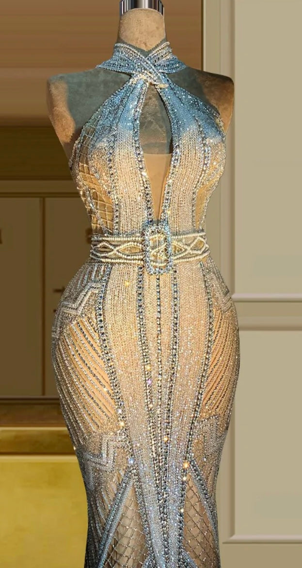 FancyENF Snatched Gorgeous Belted Crystal Evening Dress