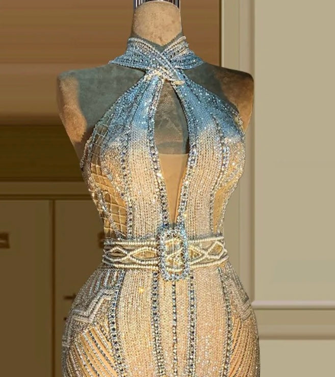 FancyENF Snatched Gorgeous Belted Crystal Evening Dress