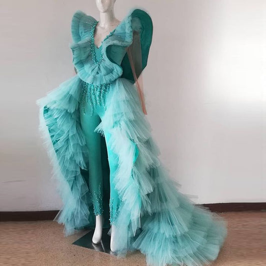 FancyENF Jumpoff Sexy Jumpsuit with Tiered Tulle Detachable Train